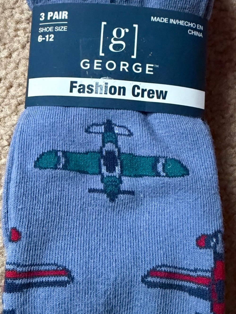 George Men's Crew Socks 3 Pair Size 6-12 Novelty planes, stripes and submarines